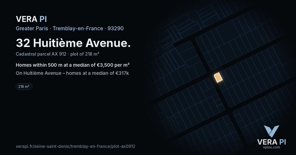 32 Huitième Avenue, Tremblay-en-France at night – the plot lit, the parcels around coloured by the prices near them