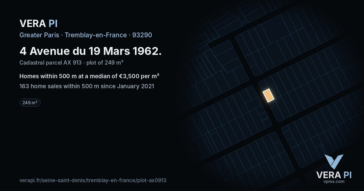 4 Avenue du 19 Mars 1962, Tremblay-en-France at night – the plot lit, the parcels around coloured by the prices near them
