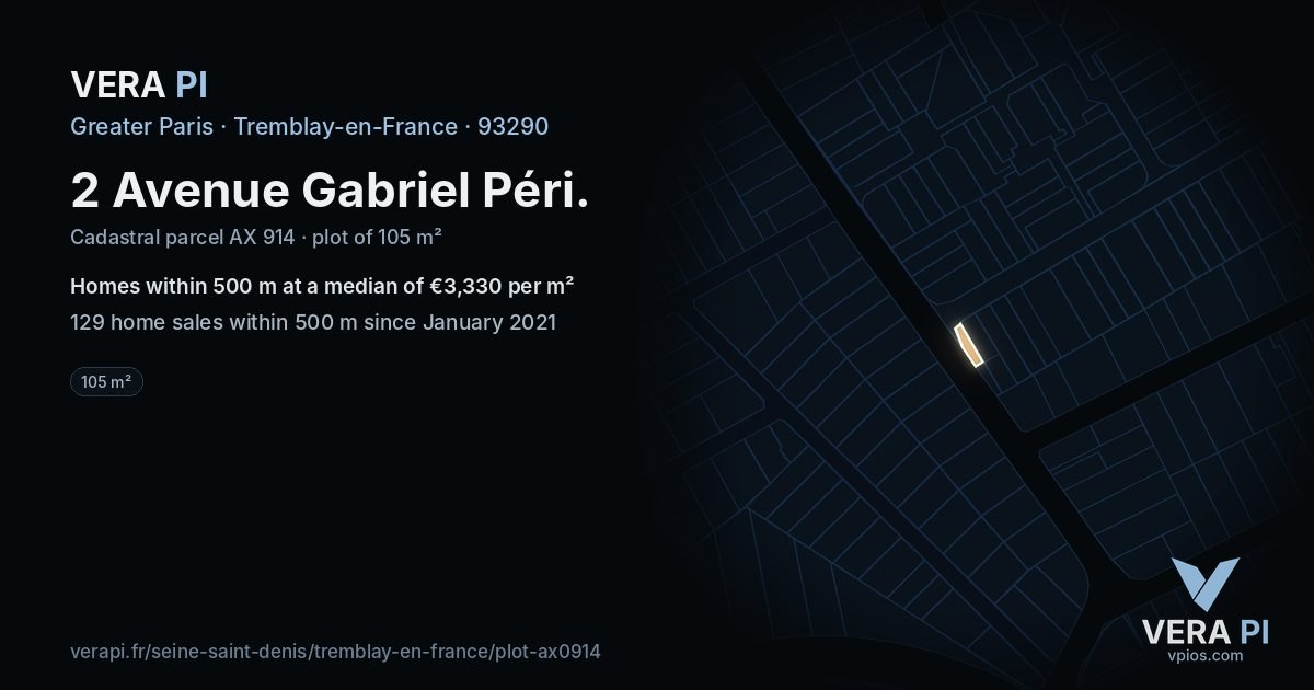 2 Avenue Gabriel Péri, Tremblay-en-France at night – the plot lit, the parcels around coloured by the prices near them