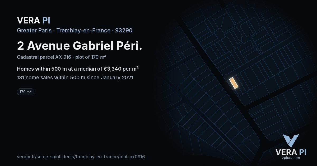 2 Avenue Gabriel Péri, Tremblay-en-France at night – the plot lit, the parcels around coloured by the prices near them