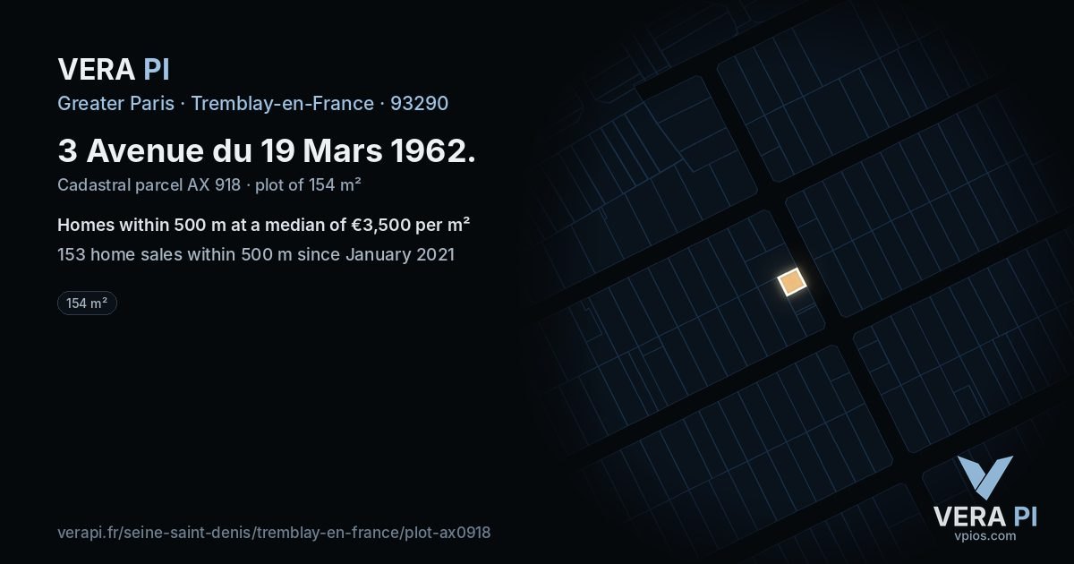 3 Avenue du 19 Mars 1962, Tremblay-en-France at night – the plot lit, the parcels around coloured by the prices near them
