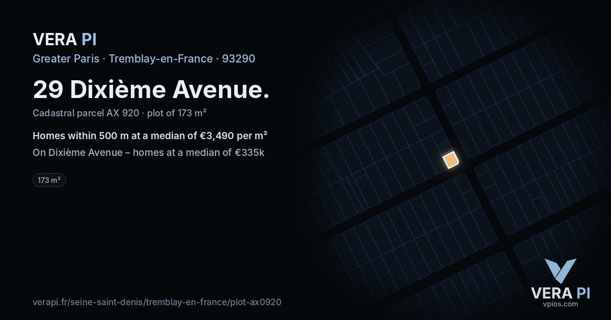 29 Dixième Avenue, Tremblay-en-France at night – the plot lit, the parcels around coloured by the prices near them