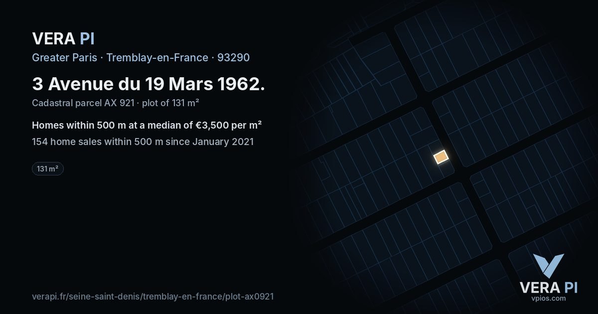 3 Avenue du 19 Mars 1962, Tremblay-en-France at night – the plot lit, the parcels around coloured by the prices near them