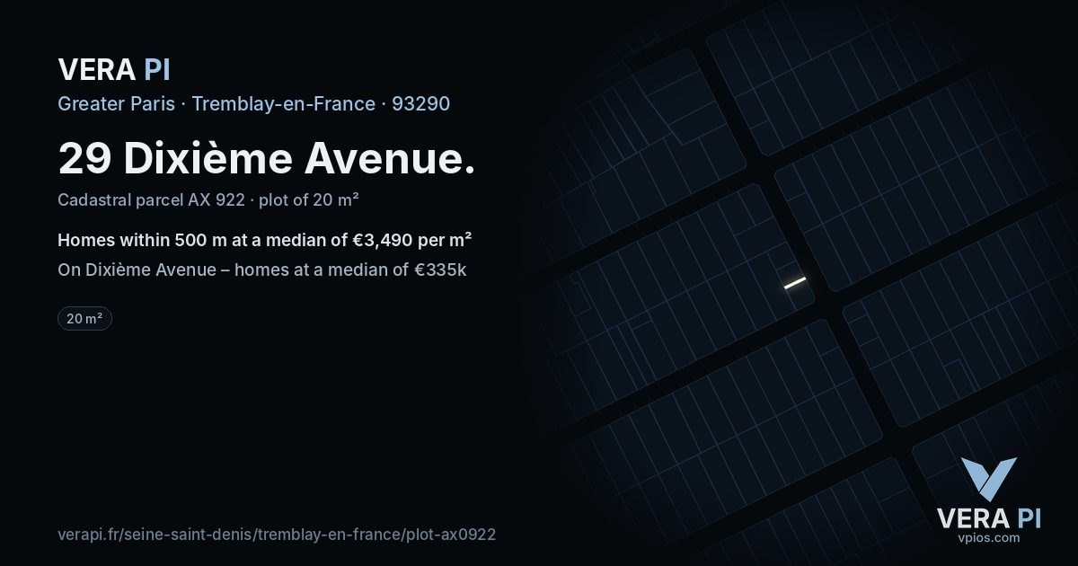 29 Dixième Avenue, Tremblay-en-France at night – the plot lit, the parcels around coloured by the prices near them