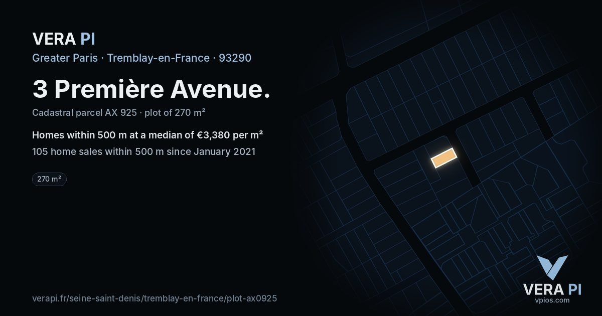 3 Première Avenue, Tremblay-en-France at night – the plot lit, the parcels around coloured by the prices near them