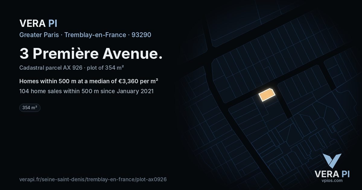 3 Première Avenue, Tremblay-en-France at night – the plot lit, the parcels around coloured by the prices near them