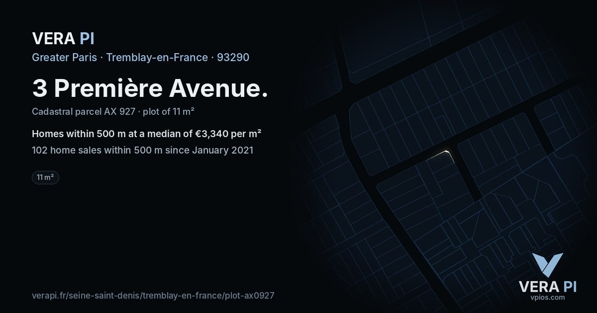 3 Première Avenue, Tremblay-en-France at night – the plot lit, the parcels around coloured by the prices near them