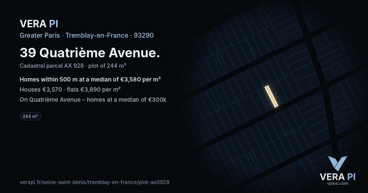 39 Quatrième Avenue, Tremblay-en-France at night – the plot lit, the parcels around coloured by the prices near them
