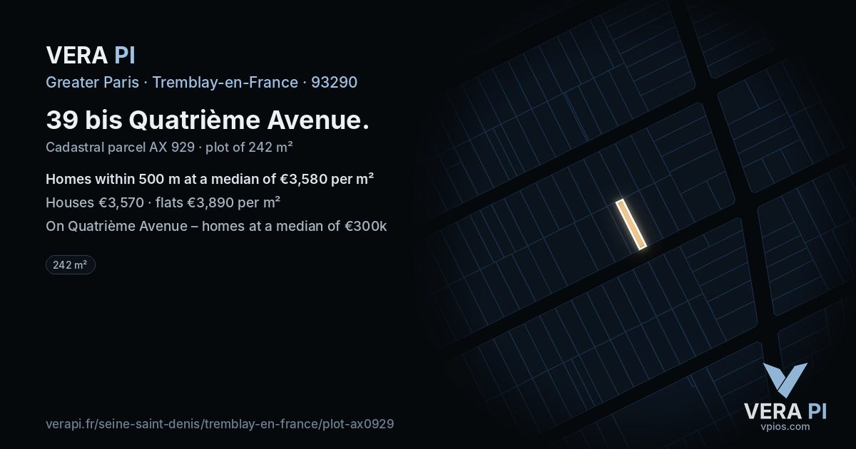 39 bis Quatrième Avenue, Tremblay-en-France at night – the plot lit, the parcels around coloured by the prices near them