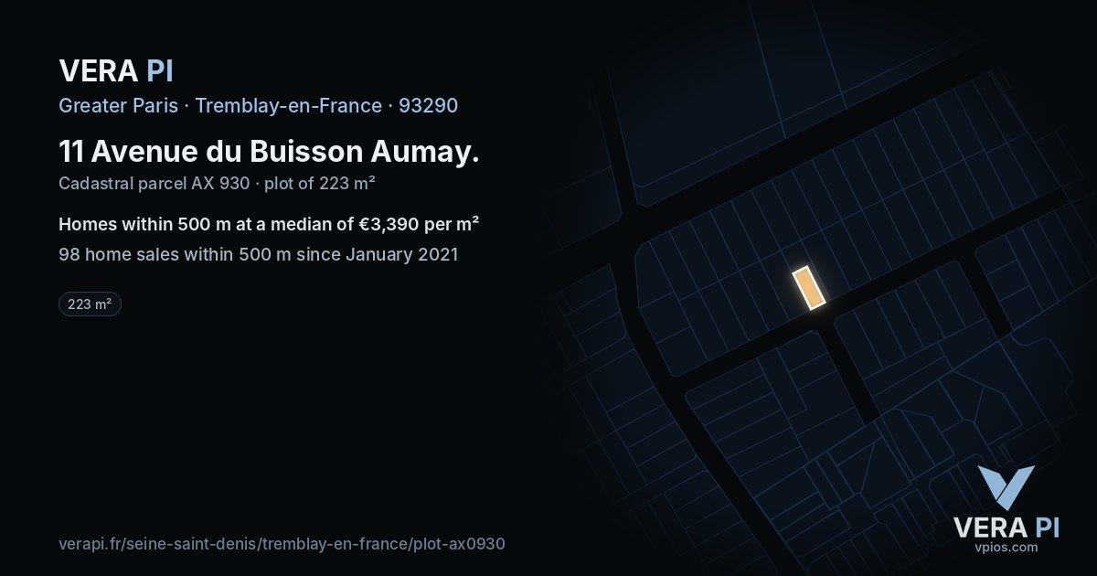 11 Avenue du Buisson Aumay, Tremblay-en-France at night – the plot lit, the parcels around coloured by the prices near them