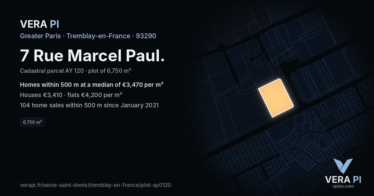 7 Rue Marcel Paul, Tremblay-en-France at night – the plot lit, the parcels around coloured by the prices near them