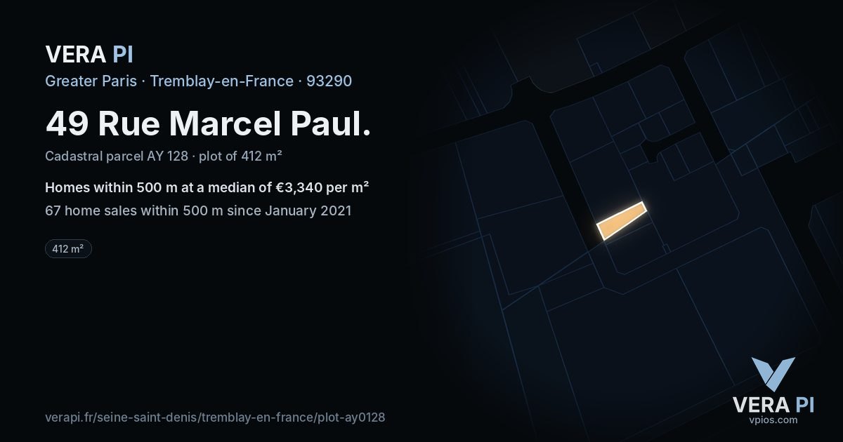 49 Rue Marcel Paul, Tremblay-en-France at night – the plot lit, the parcels around coloured by the prices near them
