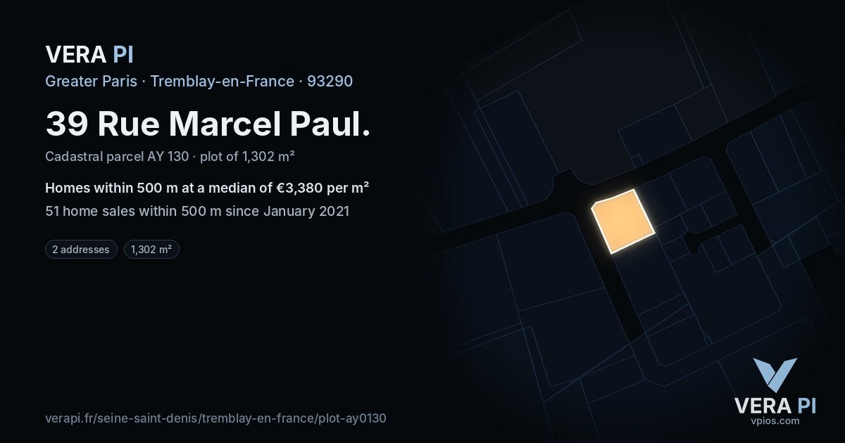39 Rue Marcel Paul, Tremblay-en-France at night – the plot lit, the parcels around coloured by the prices near them
