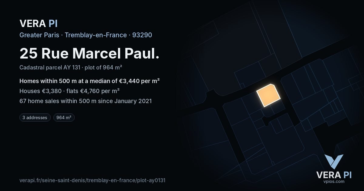 25 Rue Marcel Paul, Tremblay-en-France at night – the plot lit, the parcels around coloured by the prices near them