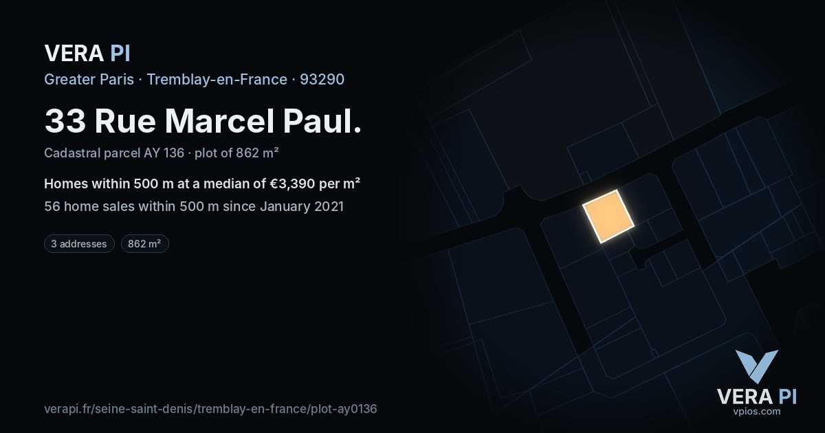 33 Rue Marcel Paul, Tremblay-en-France at night – the plot lit, the parcels around coloured by the prices near them