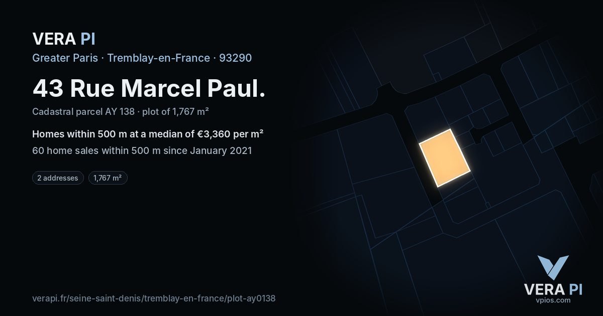 43 Rue Marcel Paul, Tremblay-en-France at night – the plot lit, the parcels around coloured by the prices near them