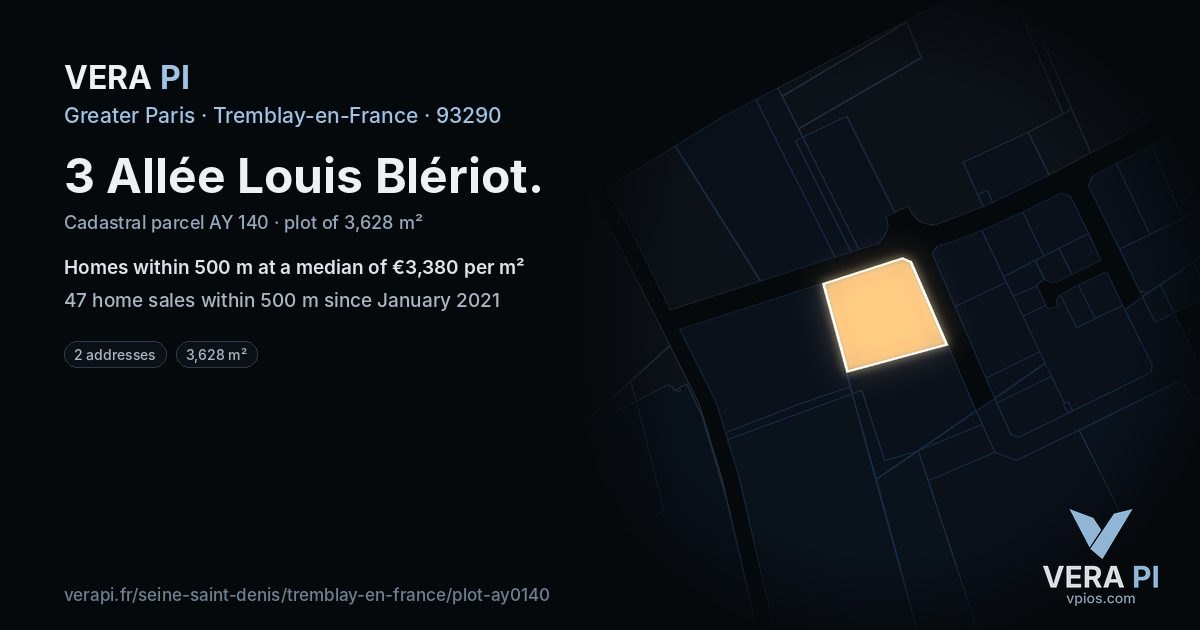 3 Allée Louis Blériot, Tremblay-en-France at night – the plot lit, the parcels around coloured by the prices near them