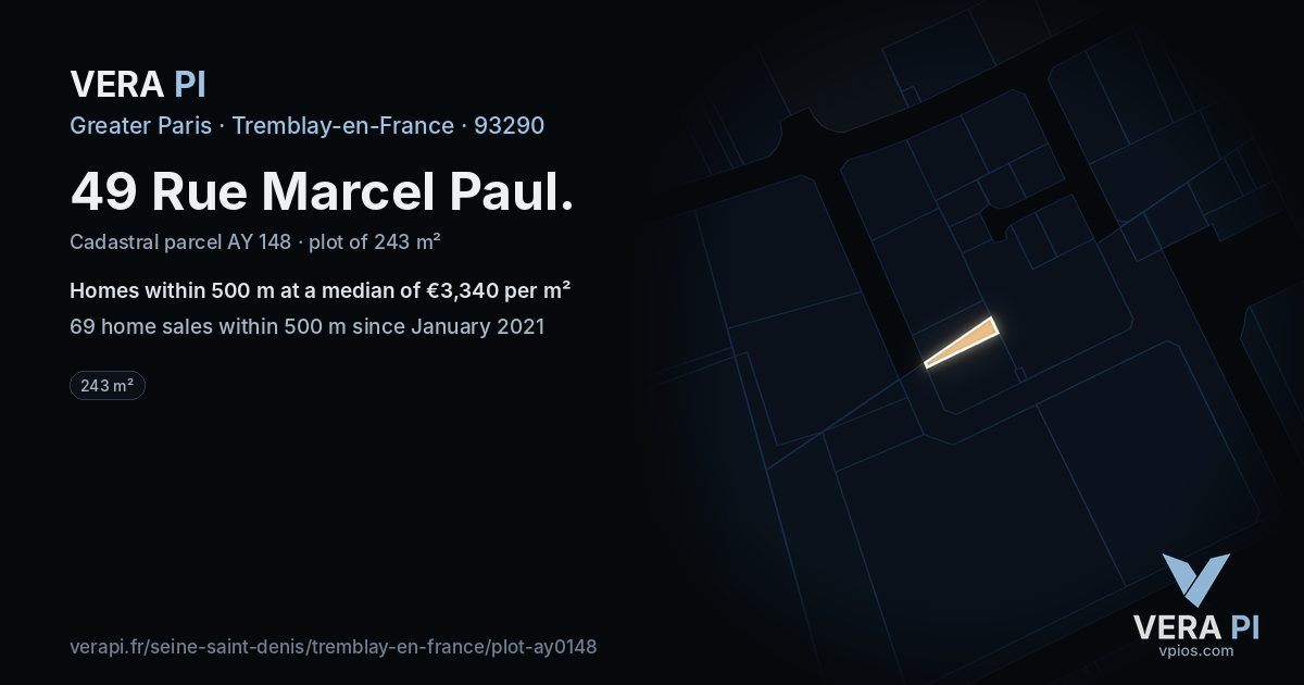 49 Rue Marcel Paul, Tremblay-en-France at night – the plot lit, the parcels around coloured by the prices near them