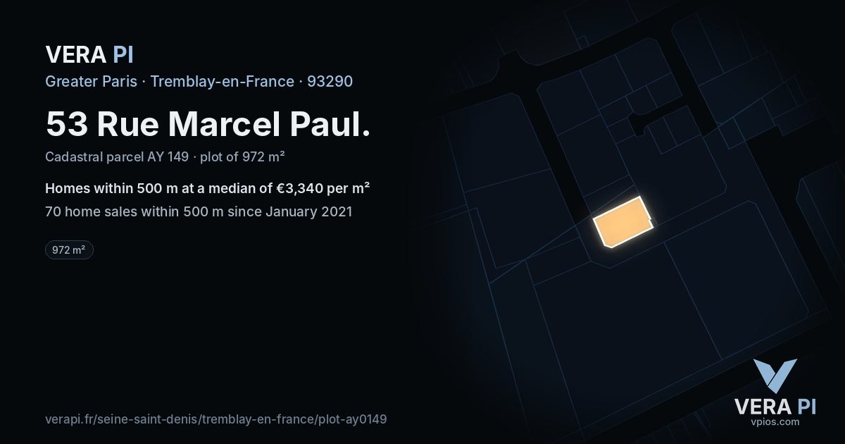 53 Rue Marcel Paul, Tremblay-en-France at night – the plot lit, the parcels around coloured by the prices near them
