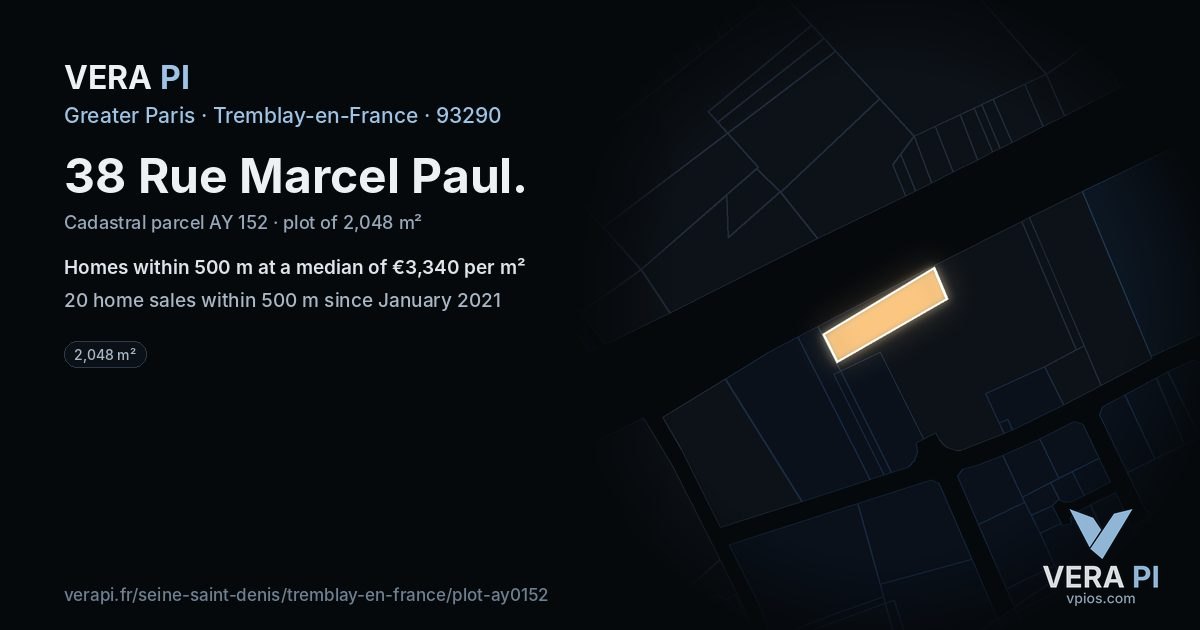 38 Rue Marcel Paul, Tremblay-en-France at night – the plot lit, the parcels around coloured by the prices near them