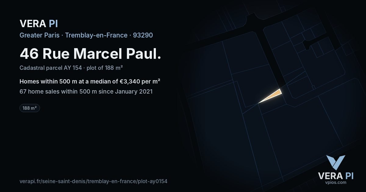 46 Rue Marcel Paul, Tremblay-en-France at night – the plot lit, the parcels around coloured by the prices near them