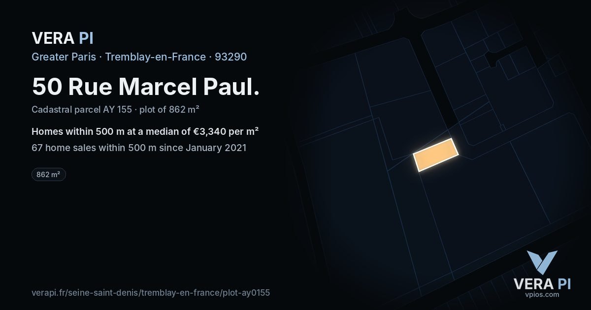 50 Rue Marcel Paul, Tremblay-en-France at night – the plot lit, the parcels around coloured by the prices near them