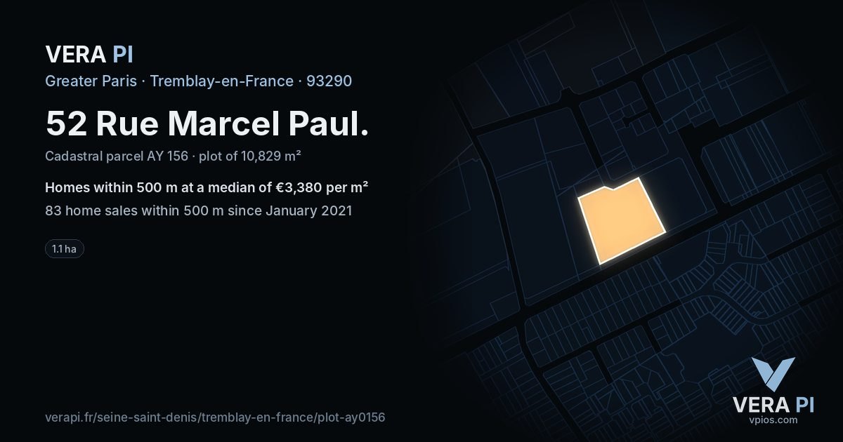 52 Rue Marcel Paul, Tremblay-en-France at night – the plot lit, the parcels around coloured by the prices near them
