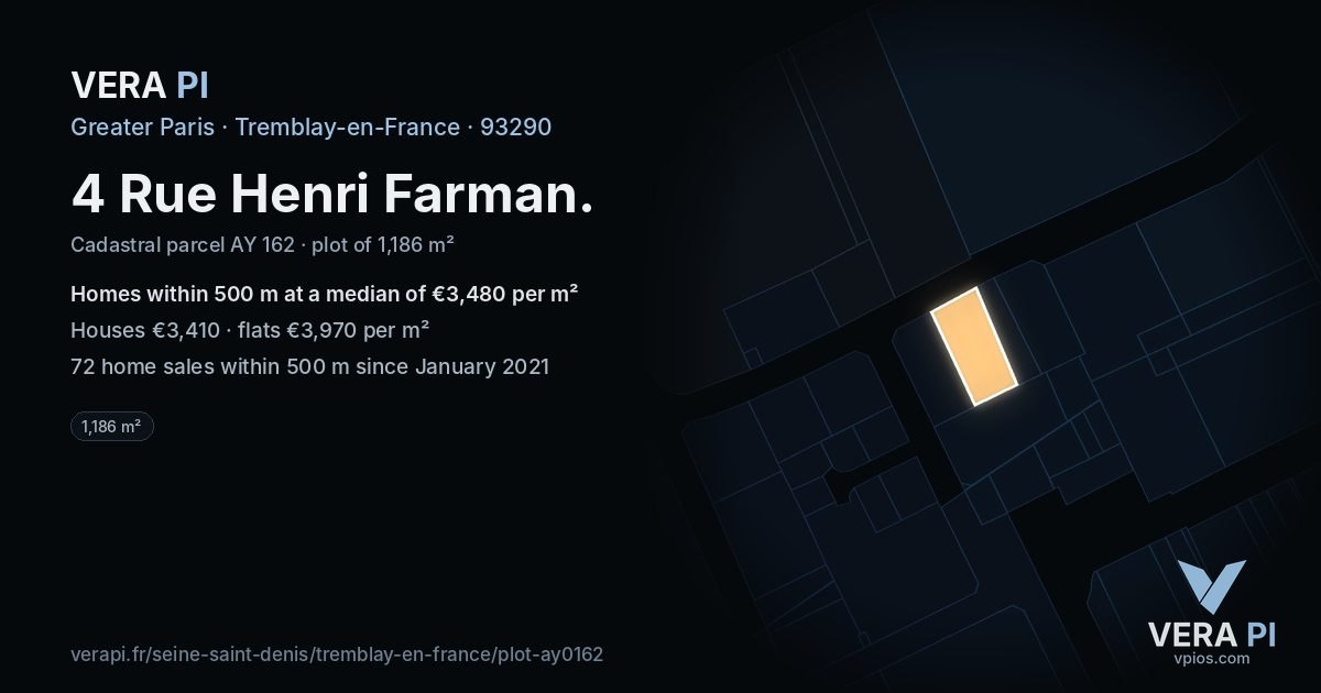 4 Rue Henri Farman, Tremblay-en-France at night – the plot lit, the parcels around coloured by the prices near them