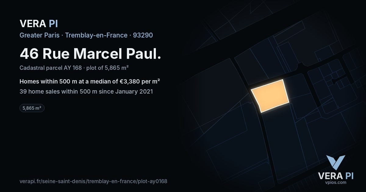 46 Rue Marcel Paul, Tremblay-en-France at night – the plot lit, the parcels around coloured by the prices near them