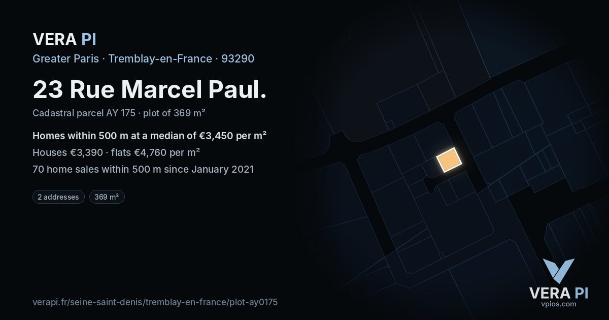 23 Rue Marcel Paul, Tremblay-en-France at night – the plot lit, the parcels around coloured by the prices near them