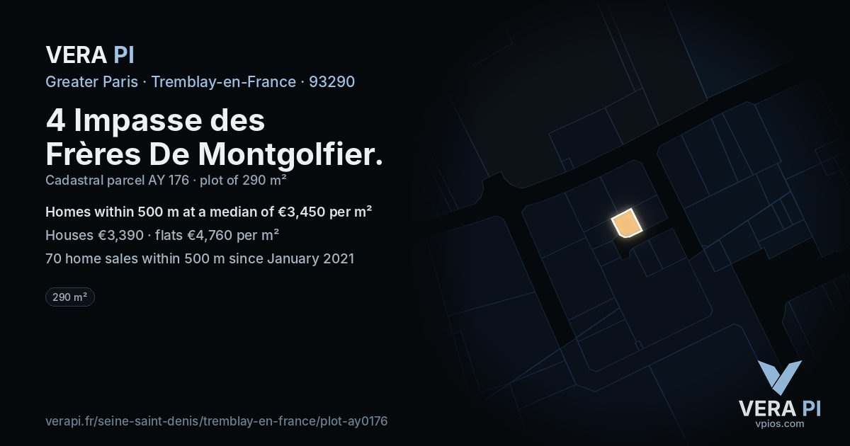 4 Impasse des Frères De Montgolfier, Tremblay-en-France at night – the plot lit, the parcels around coloured by the prices near them