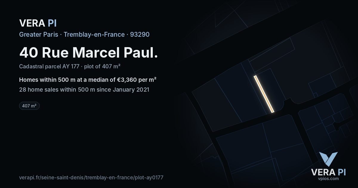 40 Rue Marcel Paul, Tremblay-en-France at night – the plot lit, the parcels around coloured by the prices near them