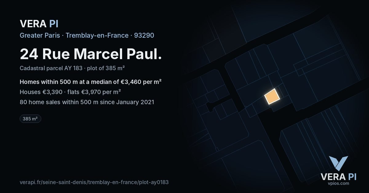 24 Rue Marcel Paul, Tremblay-en-France at night – the plot lit, the parcels around coloured by the prices near them