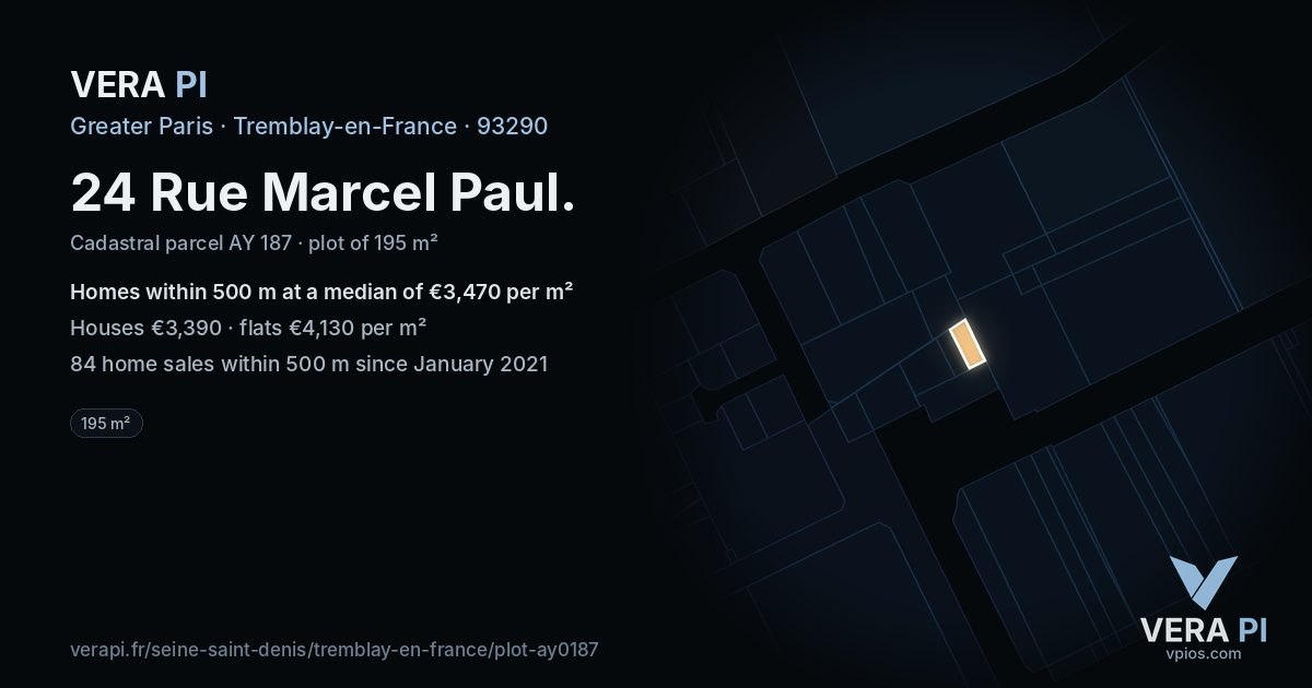 24 Rue Marcel Paul, Tremblay-en-France at night – the plot lit, the parcels around coloured by the prices near them