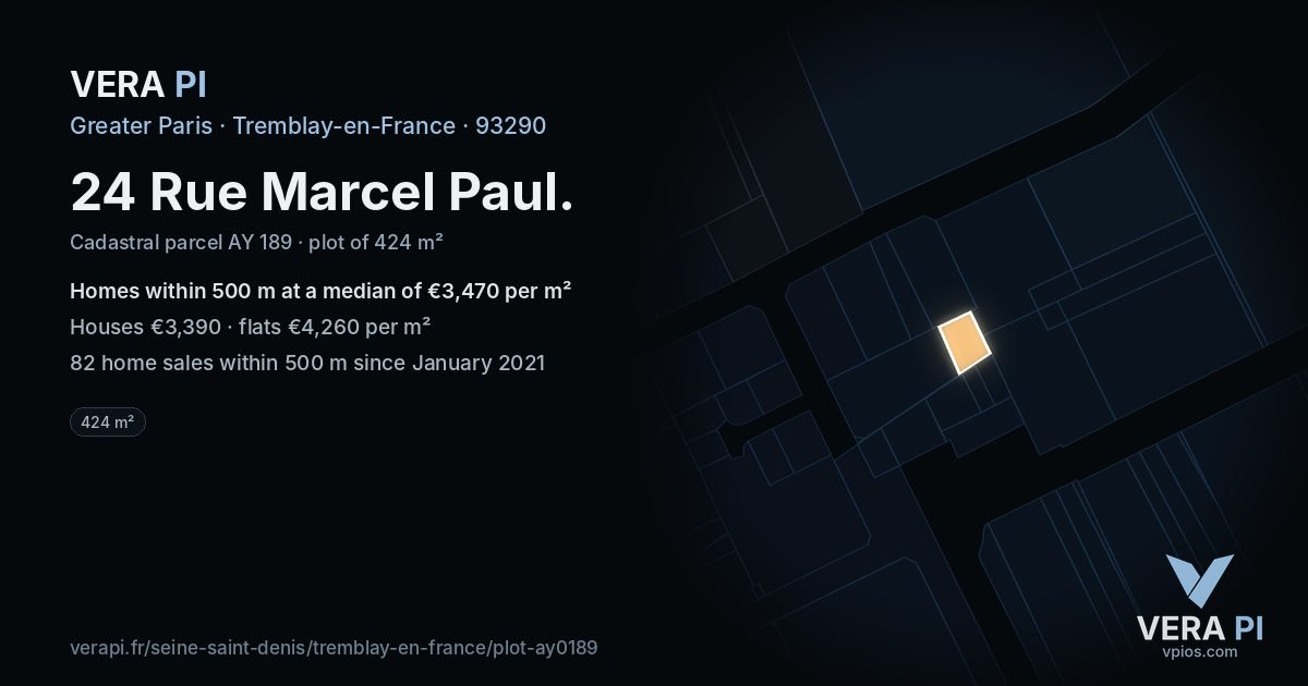 24 Rue Marcel Paul, Tremblay-en-France at night – the plot lit, the parcels around coloured by the prices near them