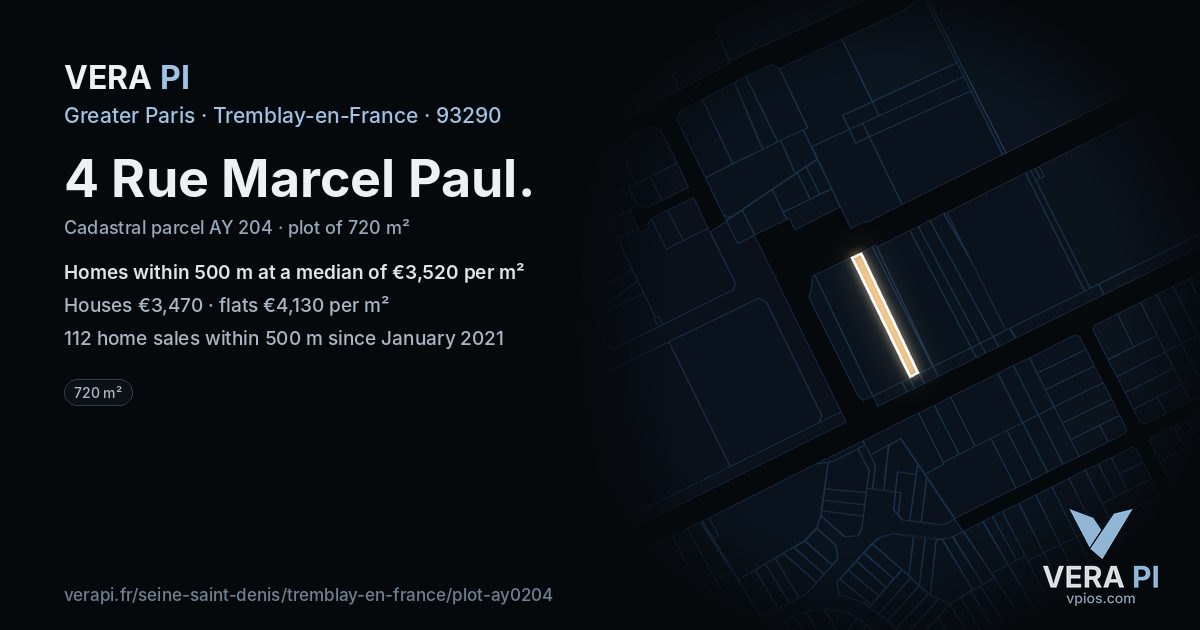 4 Rue Marcel Paul, Tremblay-en-France at night – the plot lit, the parcels around coloured by the prices near them