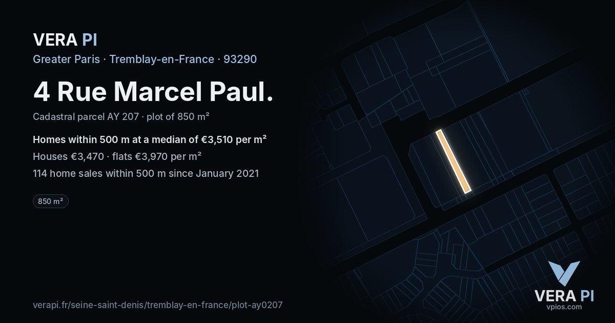 4 Rue Marcel Paul, Tremblay-en-France at night – the plot lit, the parcels around coloured by the prices near them