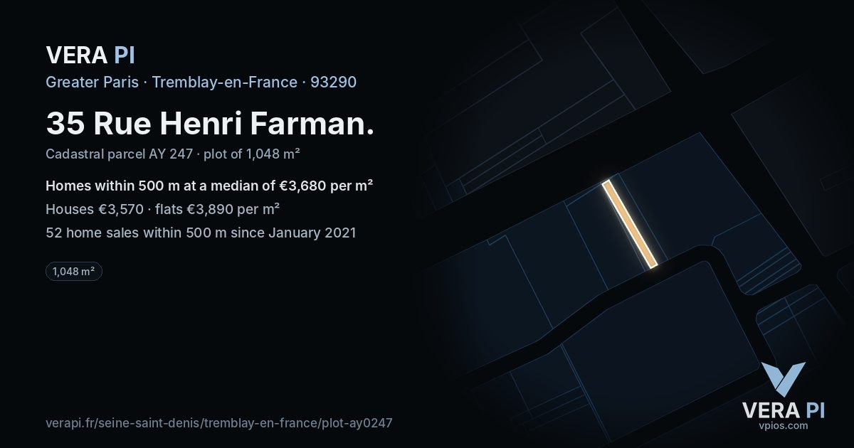 35 Rue Henri Farman, Tremblay-en-France at night – the plot lit, the parcels around coloured by the prices near them