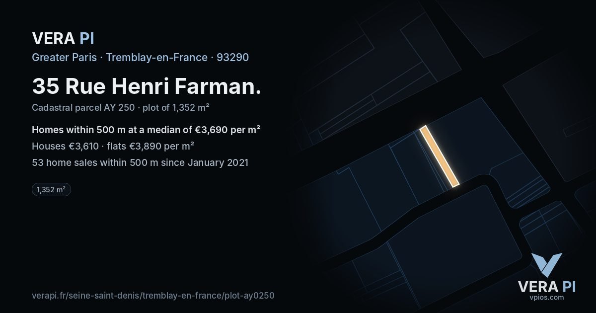 35 Rue Henri Farman, Tremblay-en-France at night – the plot lit, the parcels around coloured by the prices near them