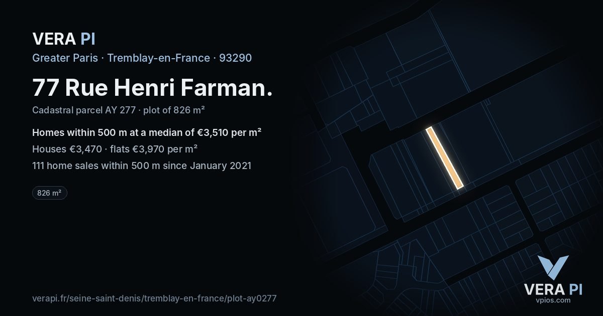 77 Rue Henri Farman, Tremblay-en-France at night – the plot lit, the parcels around coloured by the prices near them