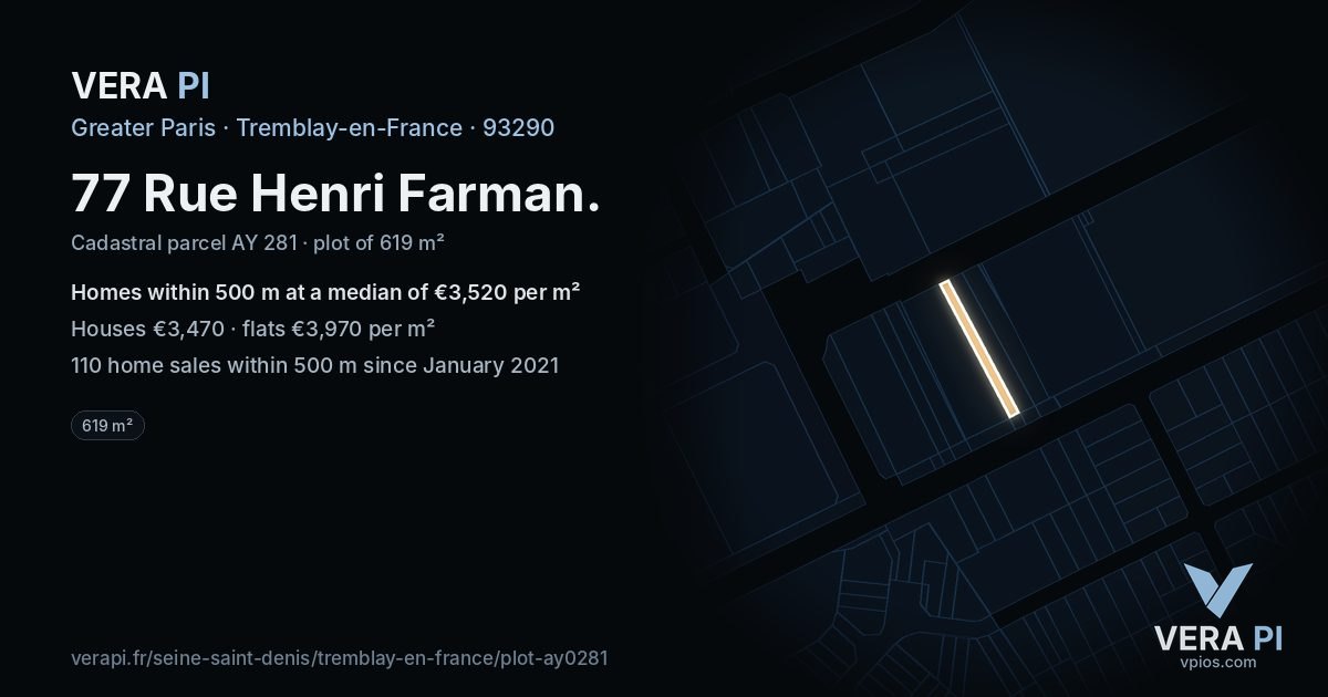 77 Rue Henri Farman, Tremblay-en-France at night – the plot lit, the parcels around coloured by the prices near them