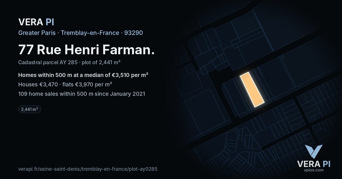 77 Rue Henri Farman, Tremblay-en-France at night – the plot lit, the parcels around coloured by the prices near them