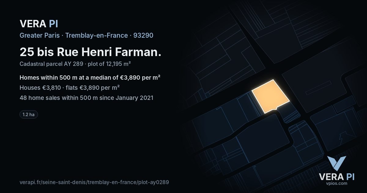 25 bis Rue Henri Farman, Tremblay-en-France at night – the plot lit, the parcels around coloured by the prices near them