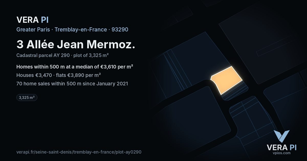 3 Allée Jean Mermoz, Tremblay-en-France at night – the plot lit, the parcels around coloured by the prices near them