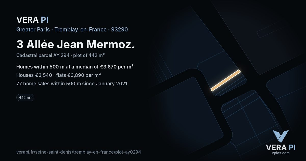 3 Allée Jean Mermoz, Tremblay-en-France at night – the plot lit, the parcels around coloured by the prices near them
