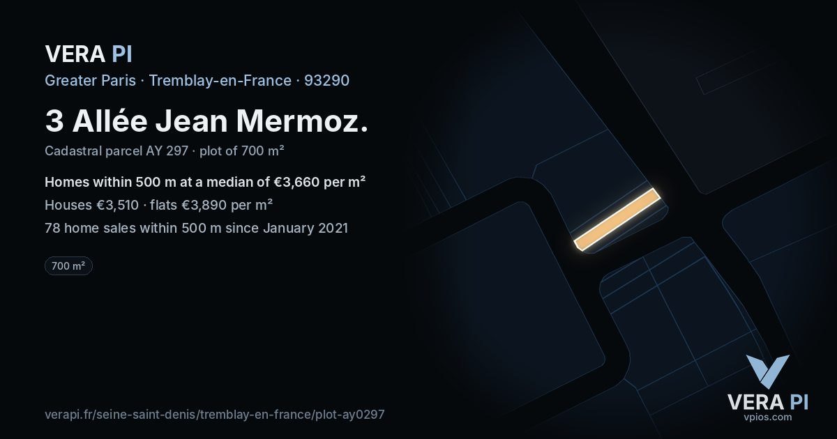 3 Allée Jean Mermoz, Tremblay-en-France at night – the plot lit, the parcels around coloured by the prices near them