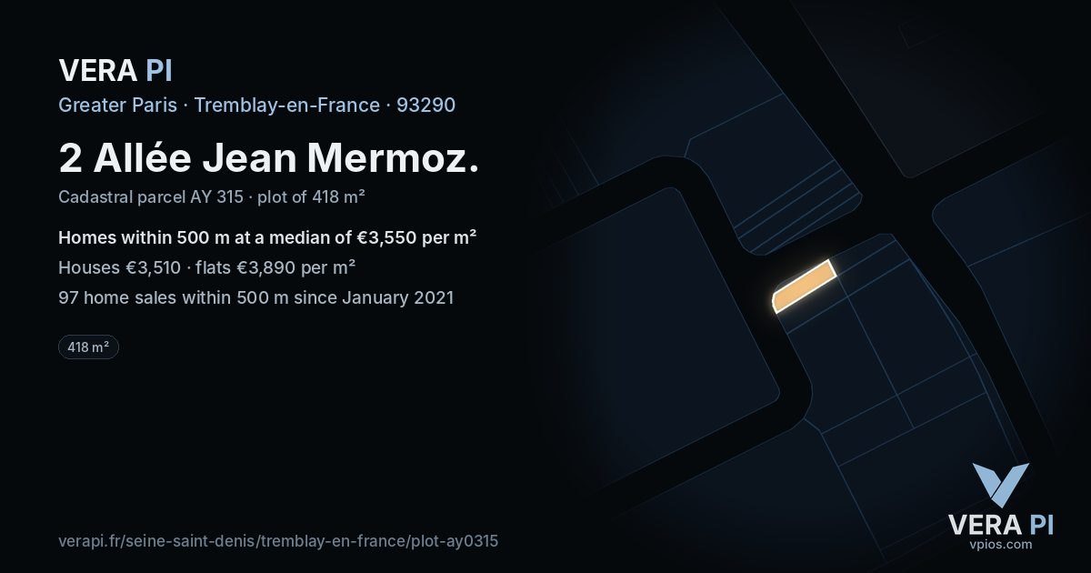 2 Allée Jean Mermoz, Tremblay-en-France at night – the plot lit, the parcels around coloured by the prices near them