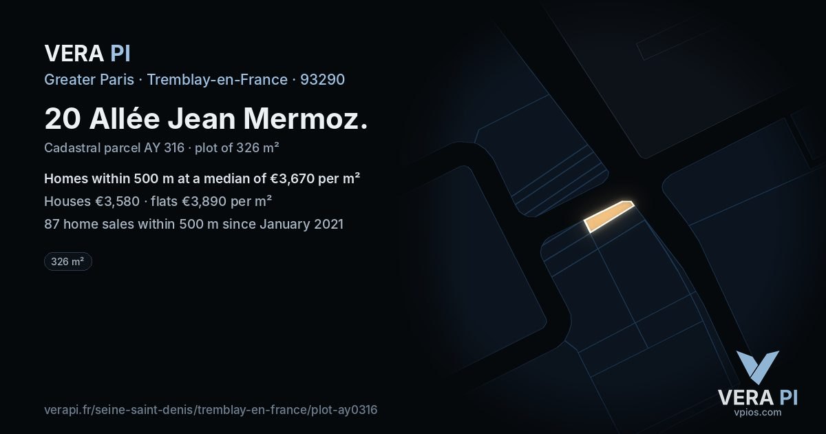 20 Allée Jean Mermoz, Tremblay-en-France at night – the plot lit, the parcels around coloured by the prices near them