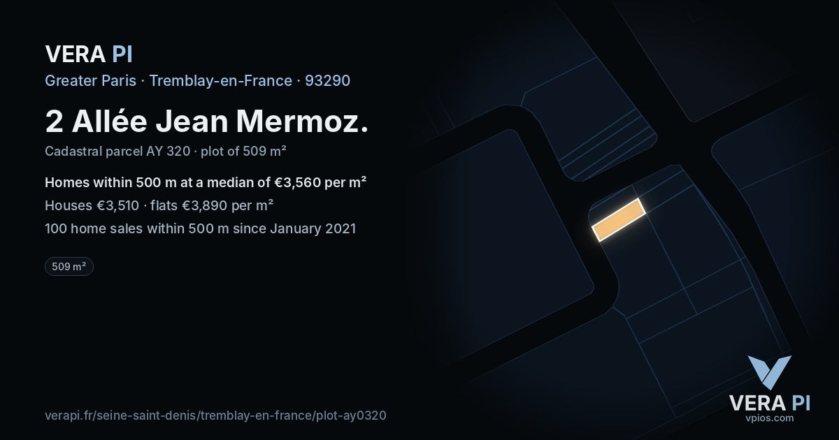 2 Allée Jean Mermoz, Tremblay-en-France at night – the plot lit, the parcels around coloured by the prices near them