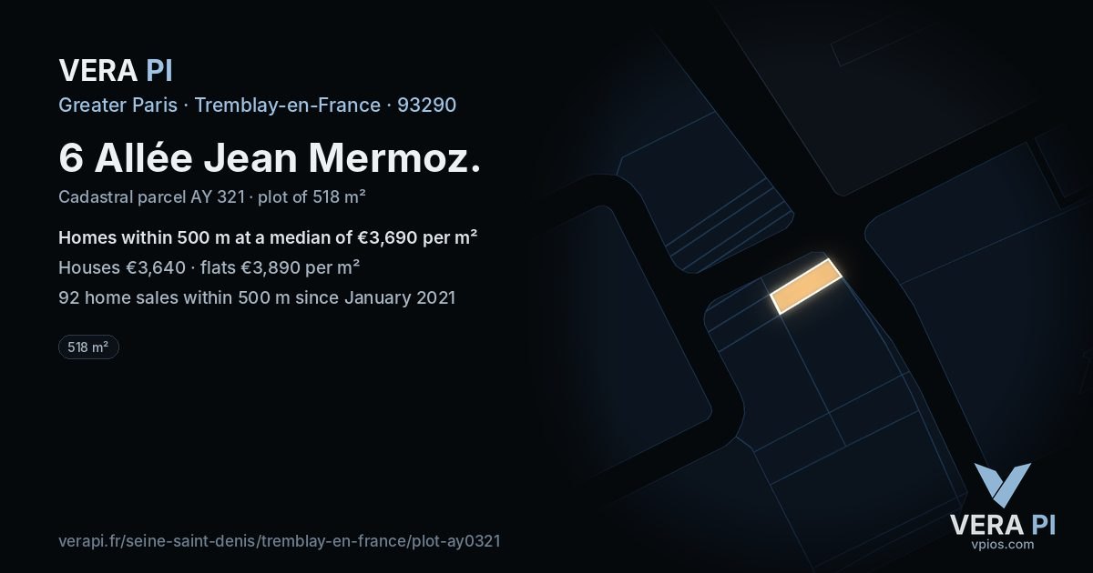 6 Allée Jean Mermoz, Tremblay-en-France at night – the plot lit, the parcels around coloured by the prices near them